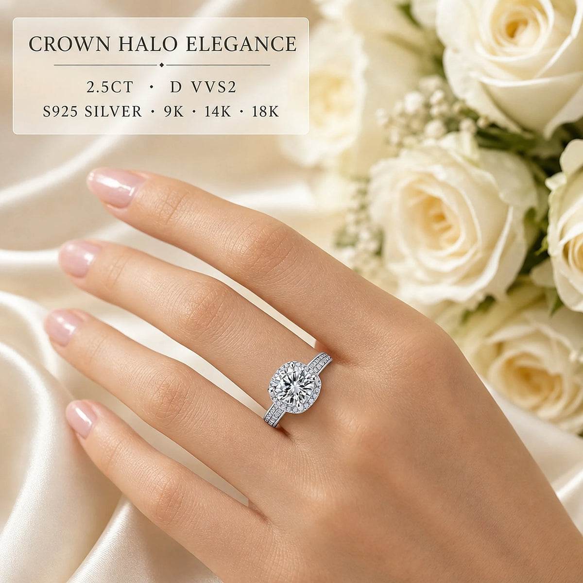 Gioiellieri Sparkly Round Halo Double Pave Shank Lab Grown Diamond Ring 2.5CT D VVS2 9K 10K 14K 18K Gold Women Daily Party Wear Jewelry