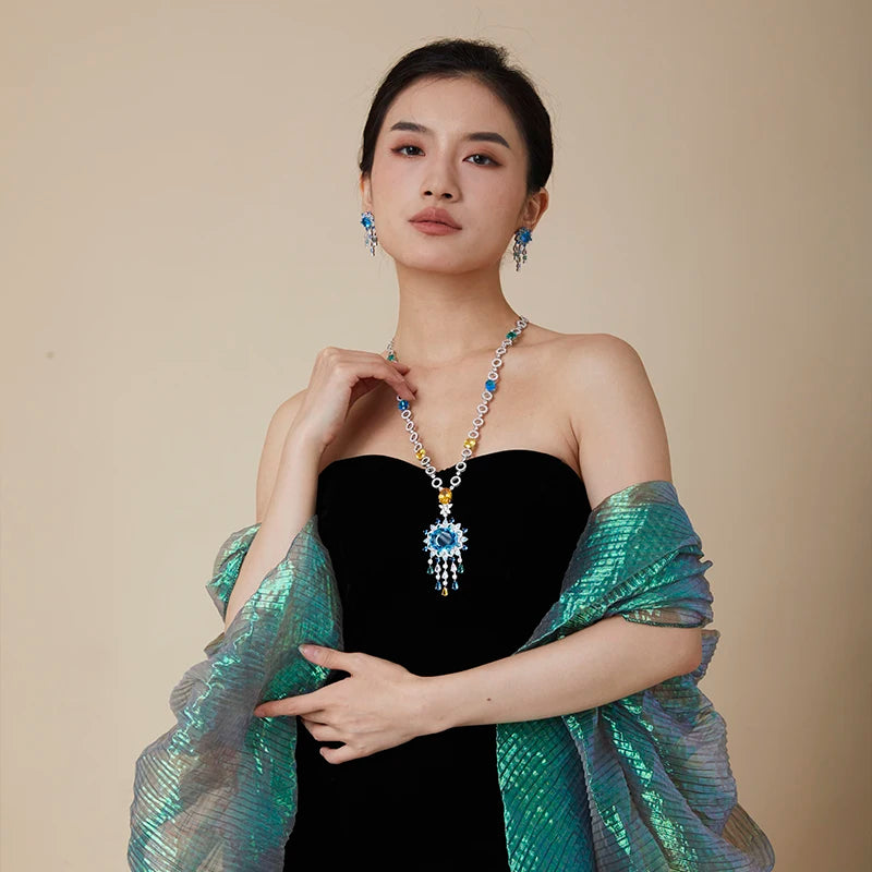 Women's Blue Waterproof Long Necklace Earring Set with Big Zircon Stone Exaggerated Blue Stone Temperament Accessories Weddings