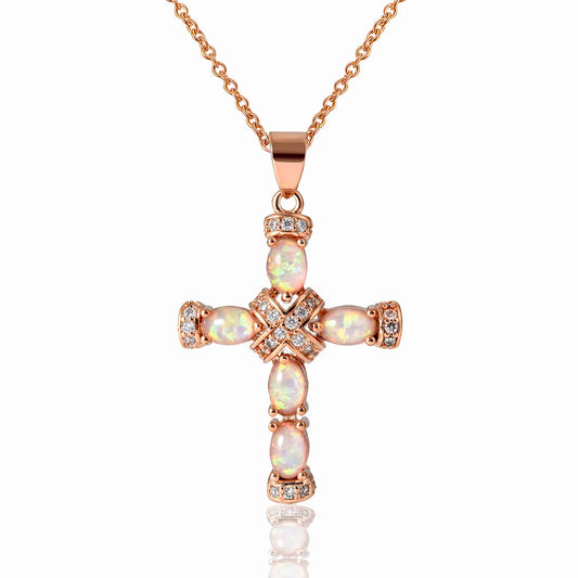 TikTok & Instagram Fashionable Sporty Brass Alloy Cross-shaped Opal Pendant Necklace for Parties