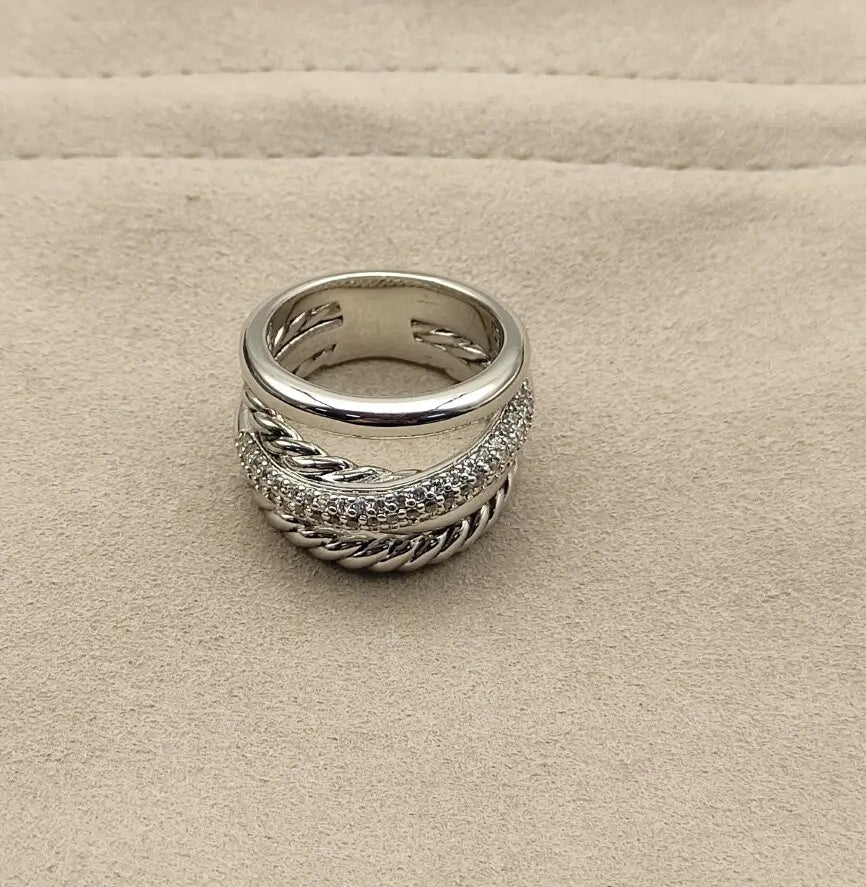 FASHIONISTA DY High-Quality Silver-Plated 17.5mm Five-Strand Cross Diamond Ring, Gold-Plated Diamond Ring, Jewelry