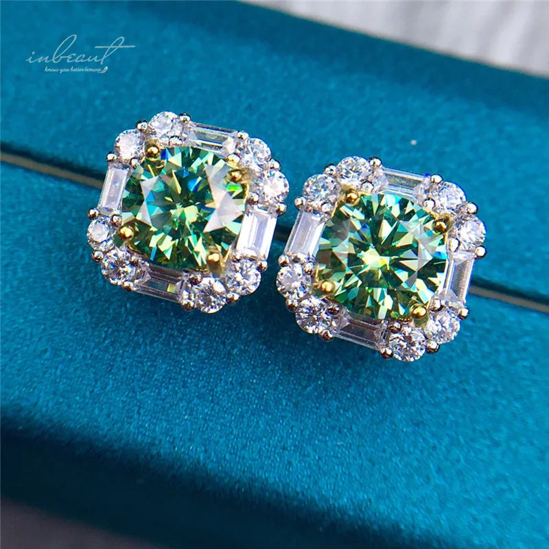 S&S 2ct Green VVS1 Moissanite Cushion Stud Earrings | 925 Silver Platinum Plated | GRA Certified | S&S Collection