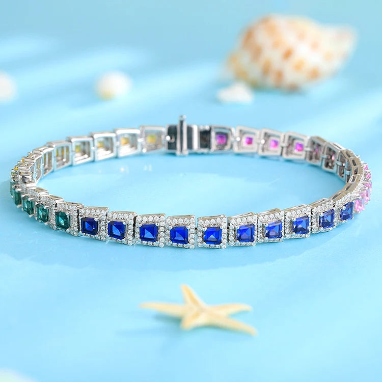 Gemfiori ANSTER Tennis Bracelet Women's 925 Sterling Silver Handmade Iridescent Color Rhodium Plated Jewelry for Parties and Gifts