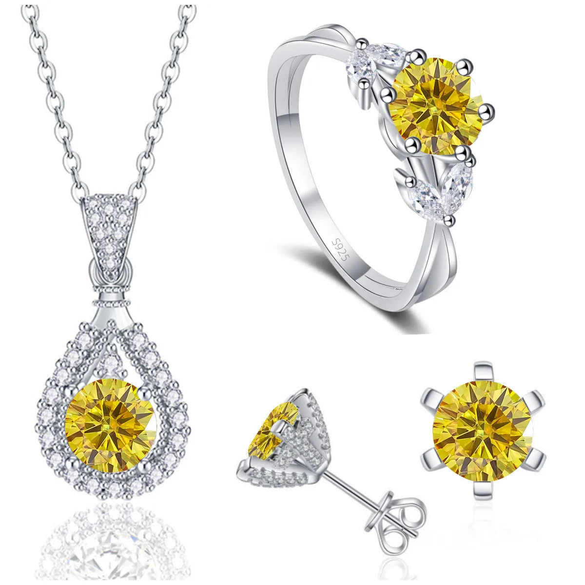 REDheart Fine 925 Sterling Silver Women's Wedding Bridal Jewellery Set Round Cut VVS Colored Moissanite Rings Necklace and Earrings Set