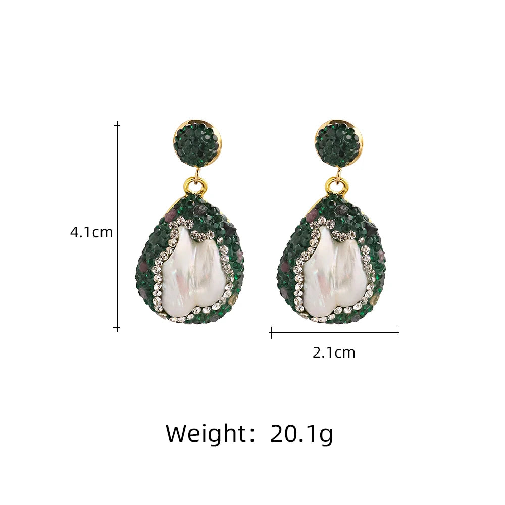 Natural Baroque Pearl Inlaid Zircon Green Earrings for Women Korean Classic Vintage Fashion Jewelry Stud Earrings GE1602