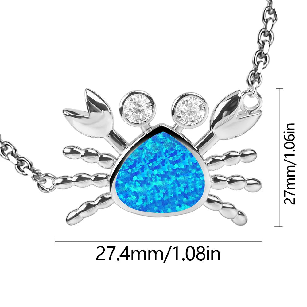 Cute Crab Opal Copper Silver Plated Link Chain Sweater Necklace-Trendy Hawaiian Sea Style Colorful Gem Jewelry Bulk Supply