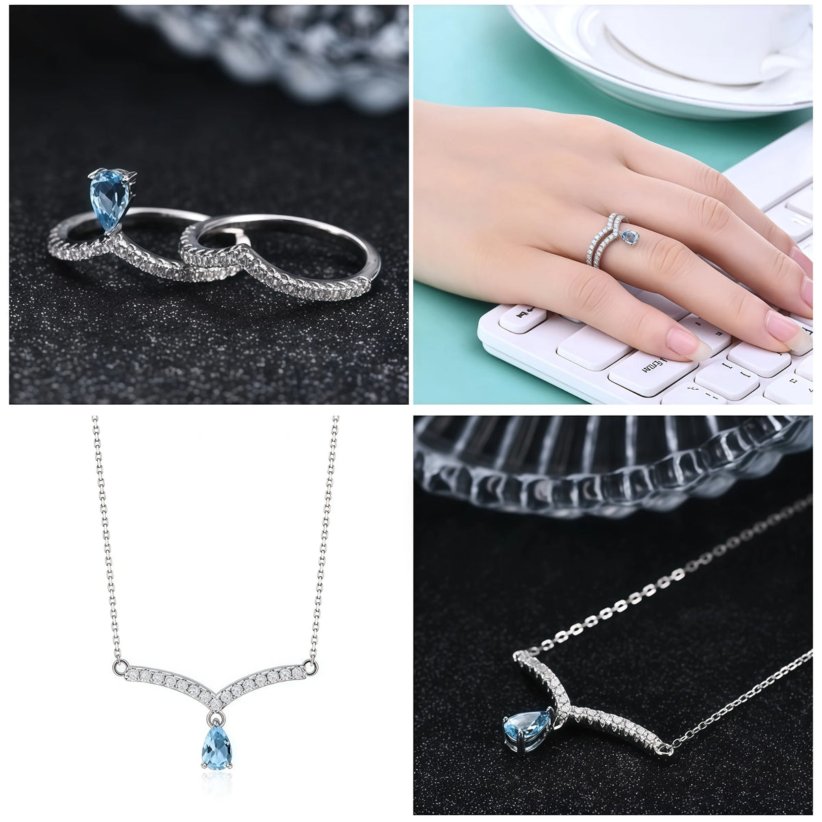 ArtistA C8141 Abiding Exquisite Natural Colored Gemstone Genuine Peridot Garnet Swiss Blue Topaz 925 Silver Rings Necklace Jewelry Set
