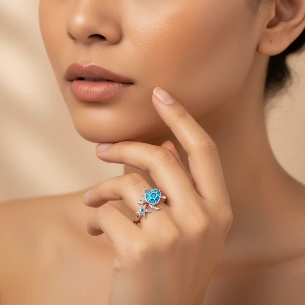 Ring | Iridescent Gem Inlay Turtle Shape Christian Lab Created Band | Modern Silver/Gold Plated Women's Trendy Fashion Jewelry
