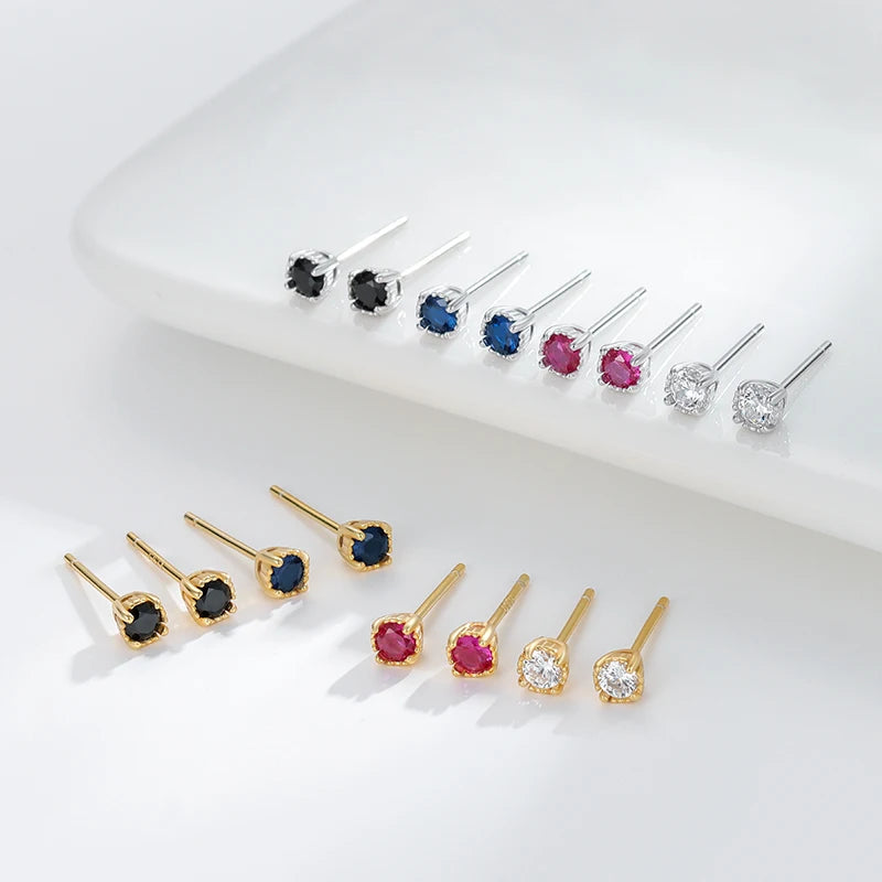 Trendy 925 Sterling Silver Stud Earring Bezel Claw Round White/Red/Blue/Black Colorful 5A CZ Earrings Gift for Women Mom