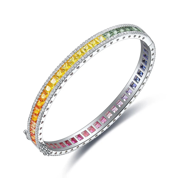 Gemfiori Luxury Silver Jewelry Princess Cut Rainbow Corundum Bracelets Silver 925 Sterling Women Bangle