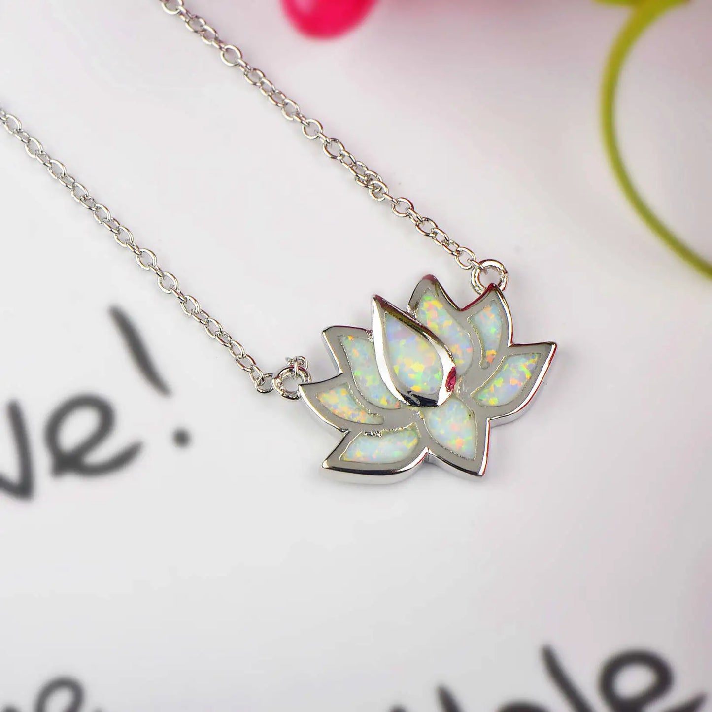 Aobao Christian Copper Opal Flower Lotus Necklace with Sweater Chain Link Chain Silver Plated Minimalist Style Gift