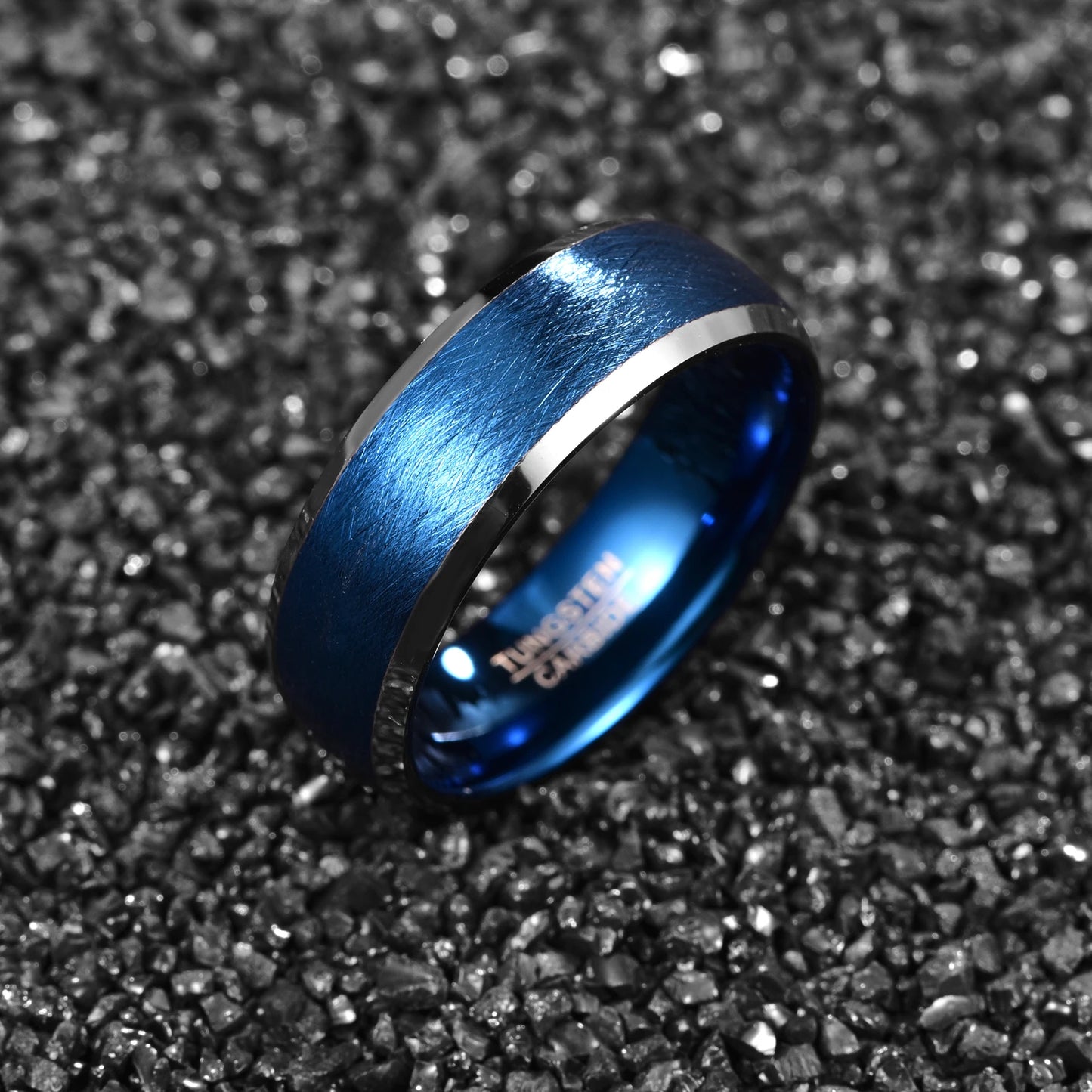 8mm width handmade chamfer bright edges thousand silk effect plated blue men's or women's unisex tungsten steel ring jewelry