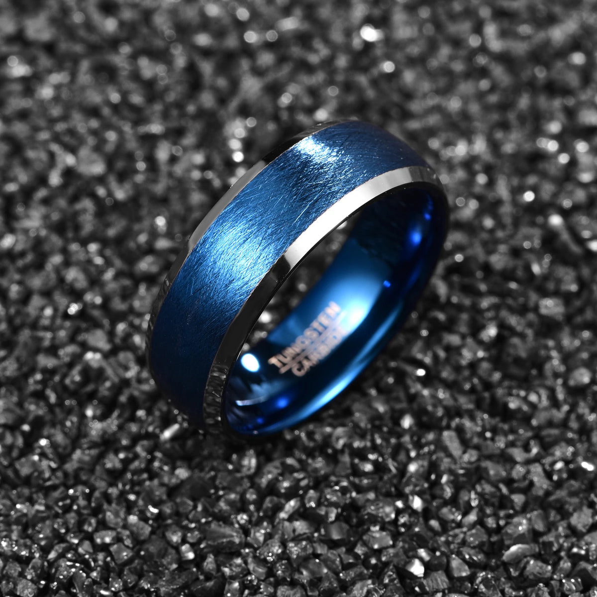 8mm width handmade chamfer bright edges thousand silk effect plated blue men's or women's unisex tungsten steel ring jewelry