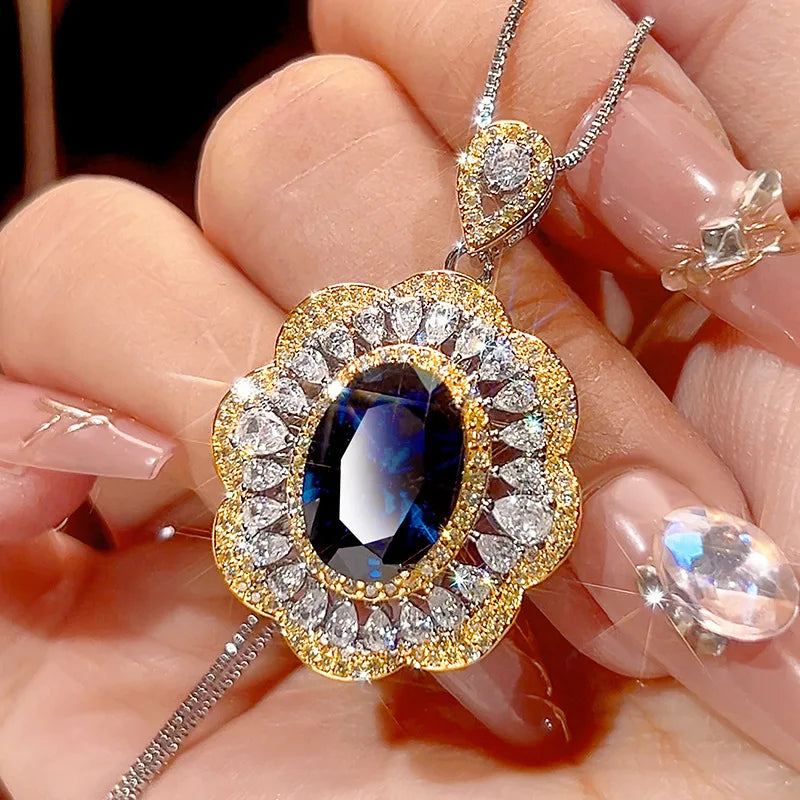 REDheart Brass Zircon Gold-Plated Wavy Open Ring Simulation Blue Pointed Crystal Niche Trendy Engagement Party Pendant Necklace Set