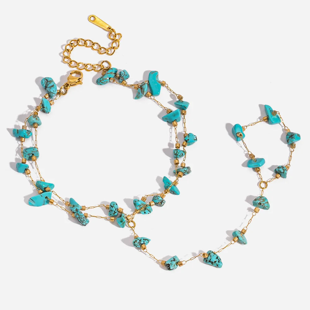 REBEL Jjguoyi Unisex 18K Gold Plated Stainless Steel Blue Turquoise Double-Layer Interlocking Bracelet Fashionable Bangles