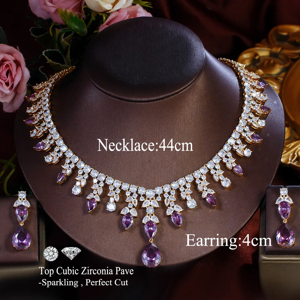 Luxury Gold Plated Purple Cubic Zirconia Big Chunky Water Drop Wedding Necklace Pageant Bridal Jewelry Sets
