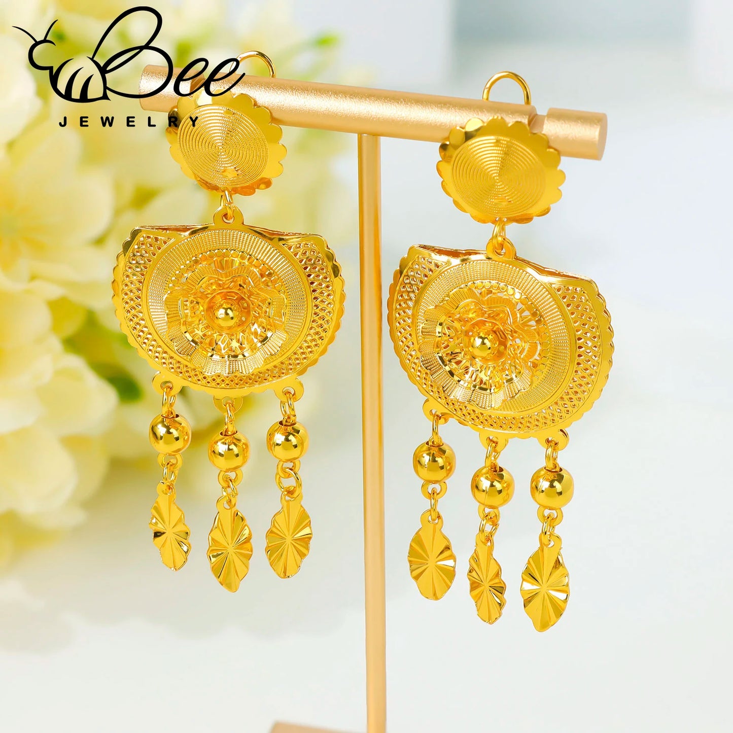 Luxury Traditional Indian 24k Gold Bridal Wedding Jewelry Set Gold Alloy Beads Long Necklace Earrings Jewelry For Evening Party