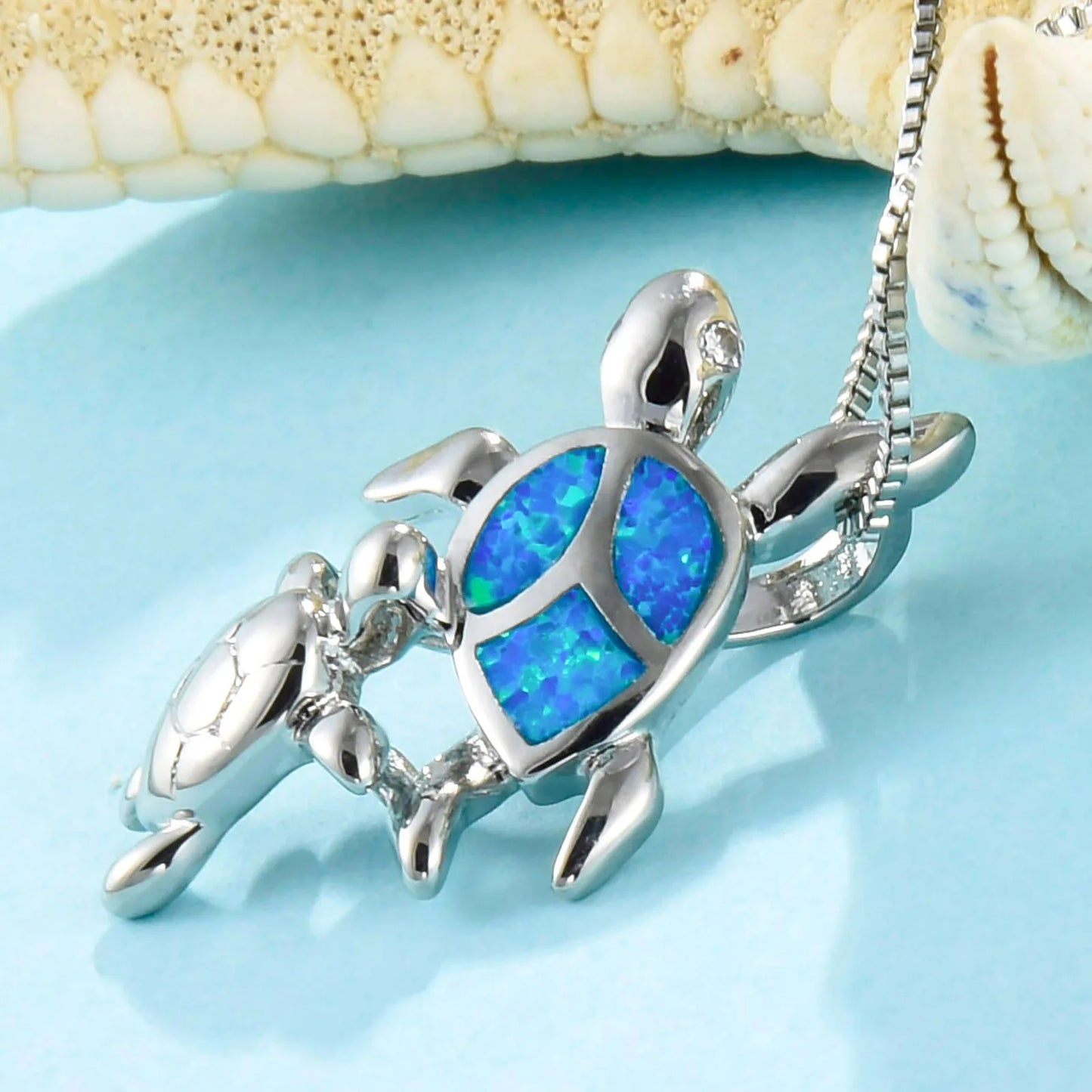 TikTok Ins Viral Blue Opal Double Turtle Pendant Necklace | Cute Animal Statement Jewelry Wholesale