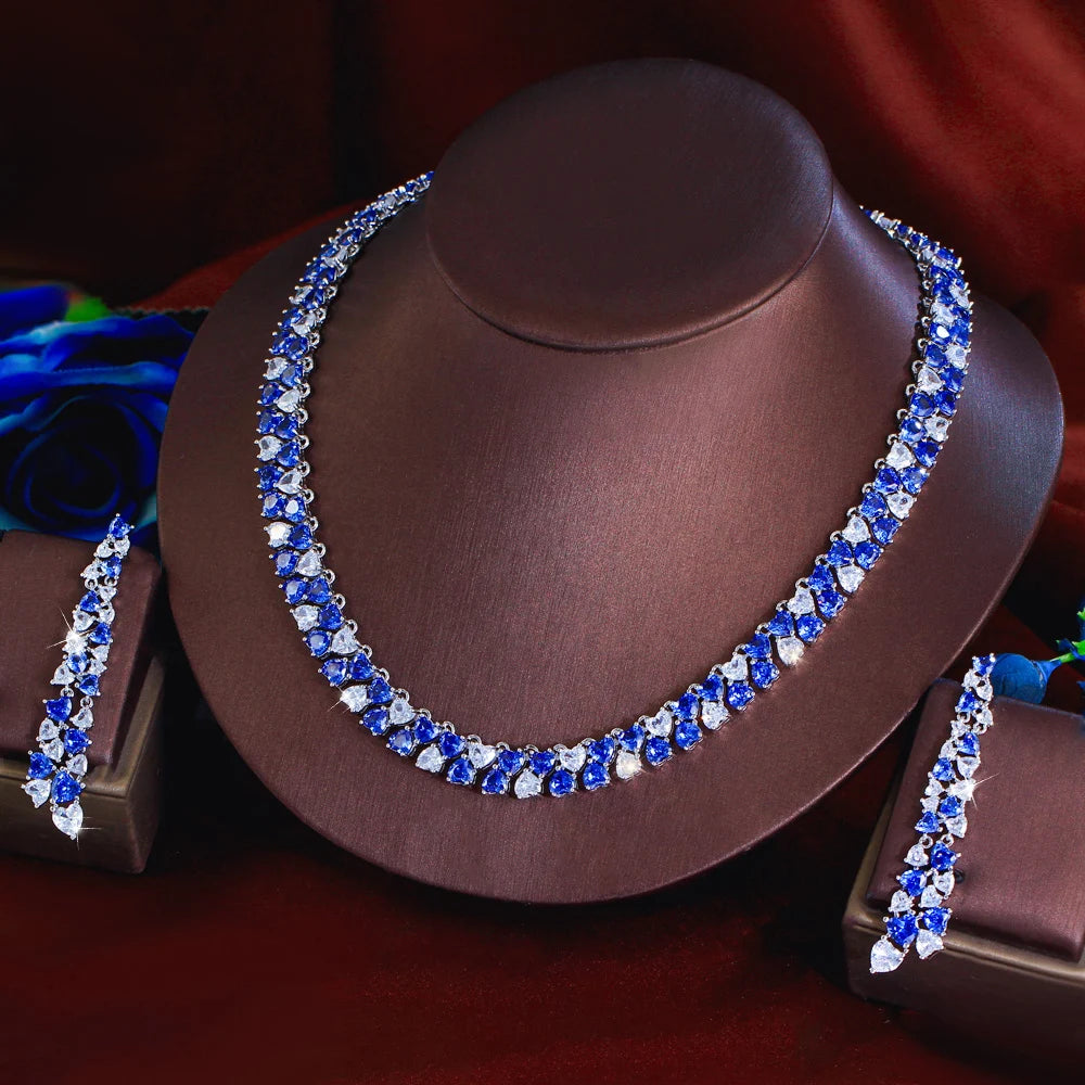 Super Luxury Necklace Earrings White Zirconia and Blue Synthetic Tanzanite Stone Jewelry Set for Women Wedding Party Jewelry
