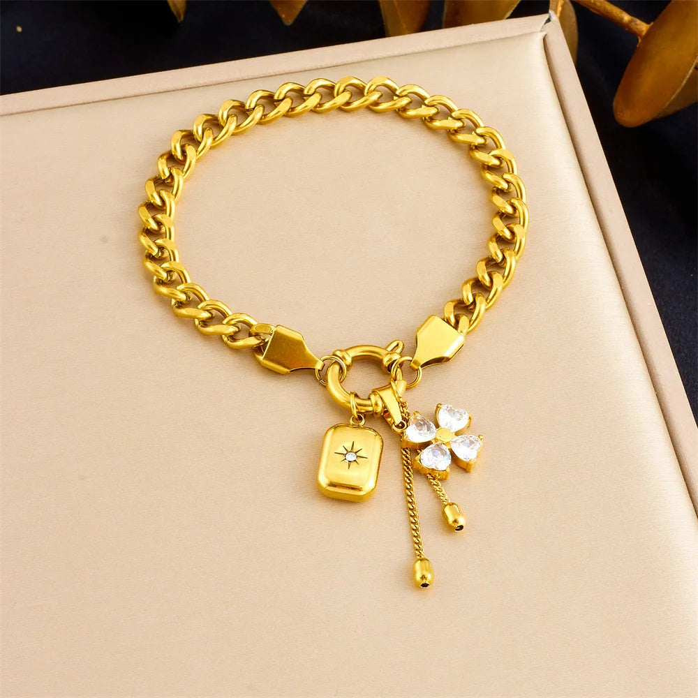Gold Crystal Flower Pendant Necklace & Bracelet Jewellery Set | Sparkling Fashion Set