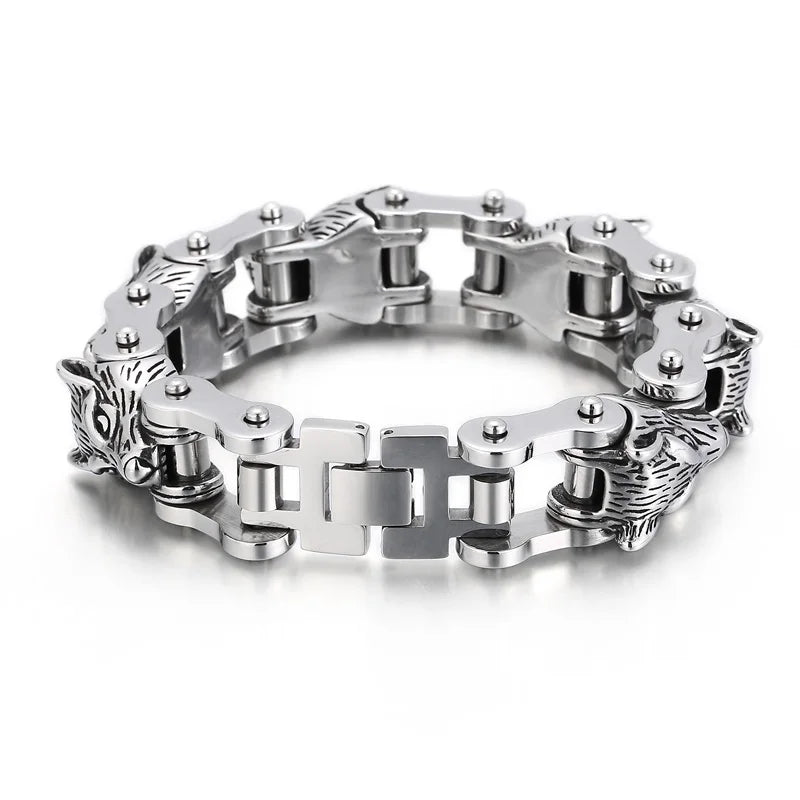 KALEN Punk Stainless Steel Fashion Bracelets Bangles Wolf Heads Bike Chain Bracelet for Men