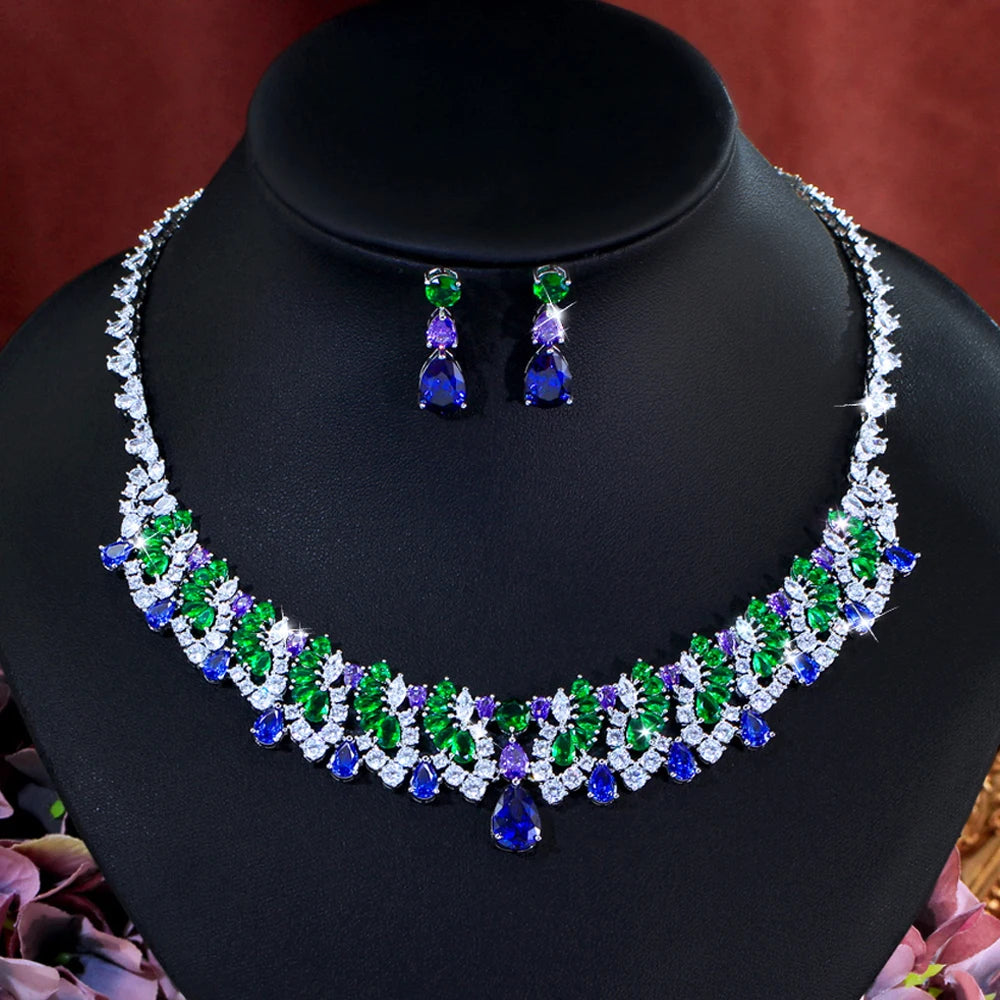 Vintage Shiny Blue Green Cubic Zirconia Necklace Earrings Luxury Water Drop Bridal Wedding Evening Party Jewelry Set for Women