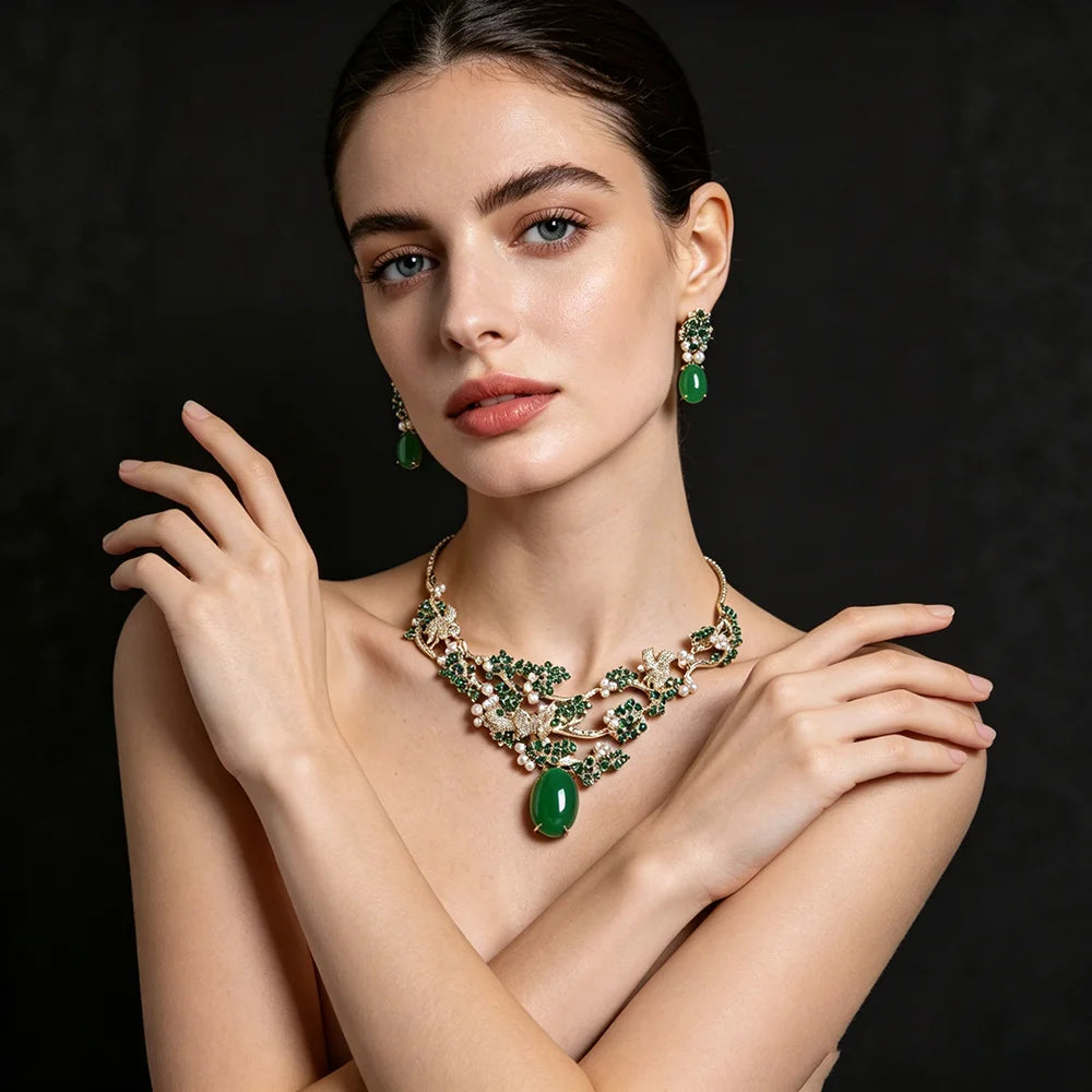 XM S300 Princess Cut Zircon & Pearl Floral Statement Necklace & Earrings Set