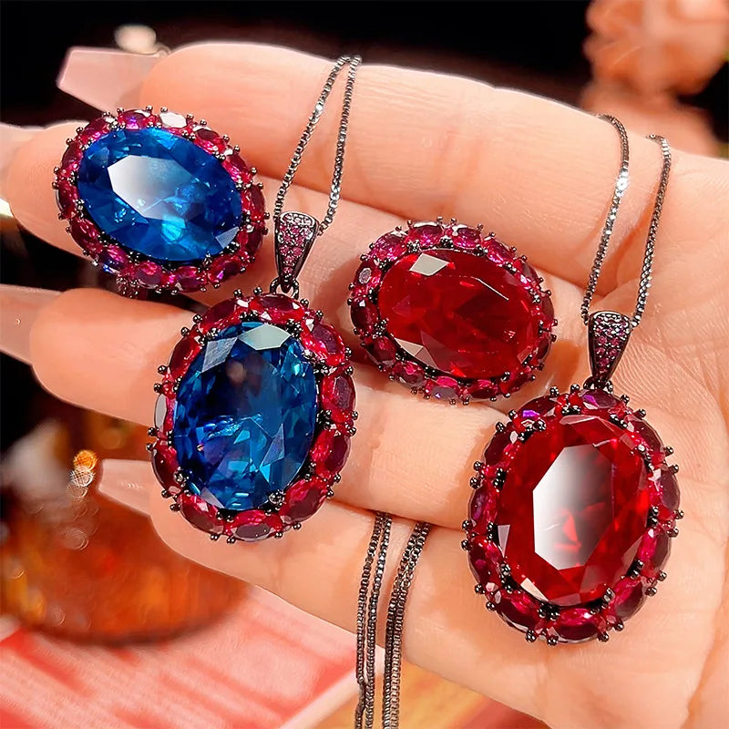 Gemfiori High End Fashion Jewelry Pigeon Blood Red and Sea Blue Zircon Oval Light Luxury Jewelry Set