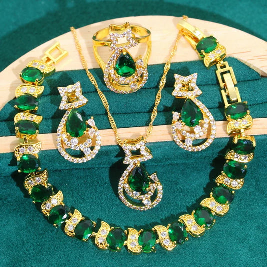 Personalized Classic Gold Color Women's Jewelry Set for Wedding Engagement Birthday Featuring Zircon Earrings Ring Bracelet