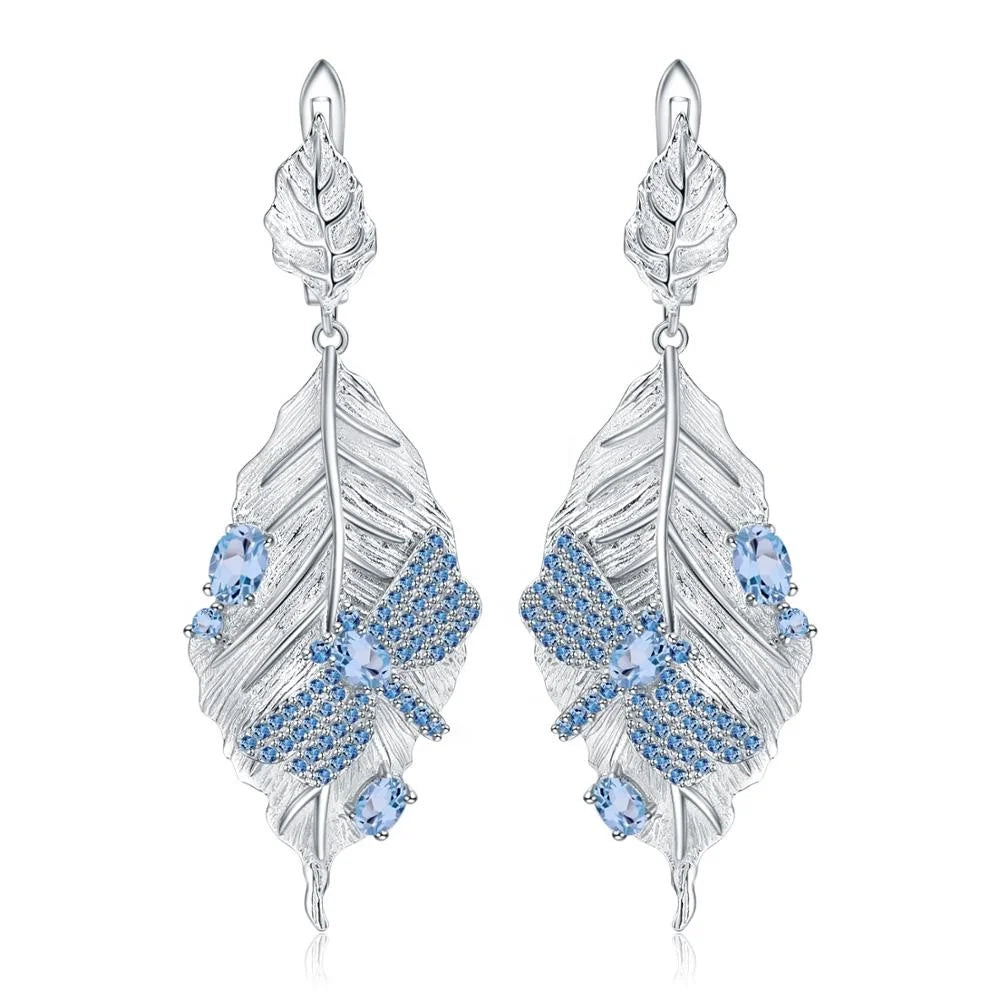 ArtistA Abiding Custom Designer Style 925 Silver Leaf Shaped Swiss Blue Topaz Dragonfly Necklace Earring Ring Jewelry Set for Women