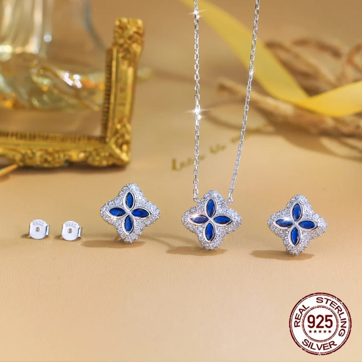 925 Sterling Silver Marquise Cut Blue CZ Halo Necklace Earrings Sparkling Lucky Four Leaf Clover Jewelry Set for Daily Wear