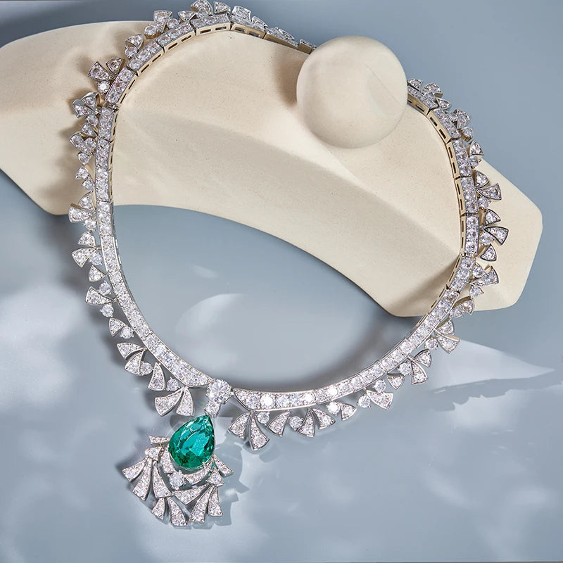 High Quality Jewelry Plated with Brass Green Gemstone Necklace Earrings  Exaggerated Fashion Set  Women's Pendant Necklace