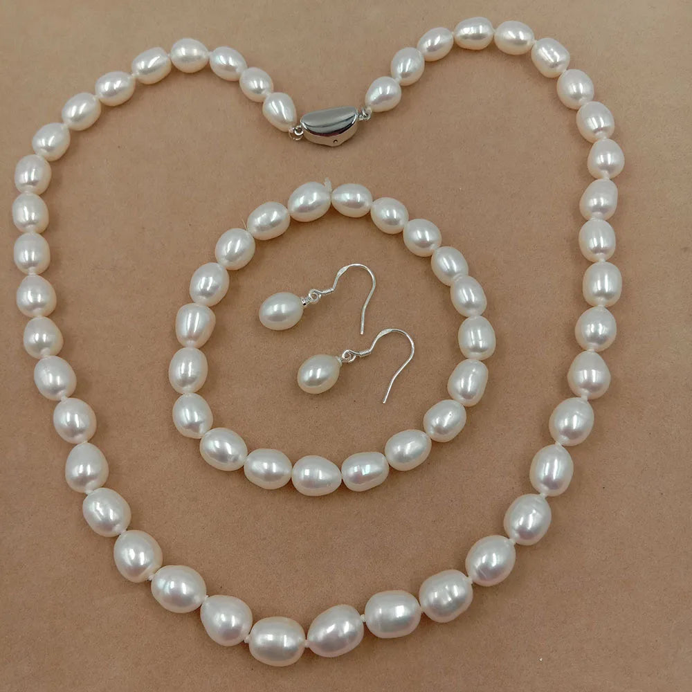 8 mm Rice Pearl Freshwater Jewelry Set 925 Silver Earring with Good Luster Wedding Factory Price Wholesale From the Factory