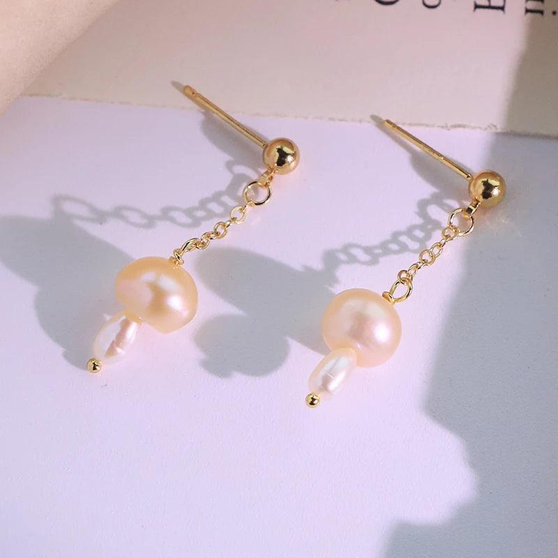 Natural Freshwater Pearl Mushroom Earrings Handmade Design Earrings Gift Banquet Wedding Women's Jewelry GE1813