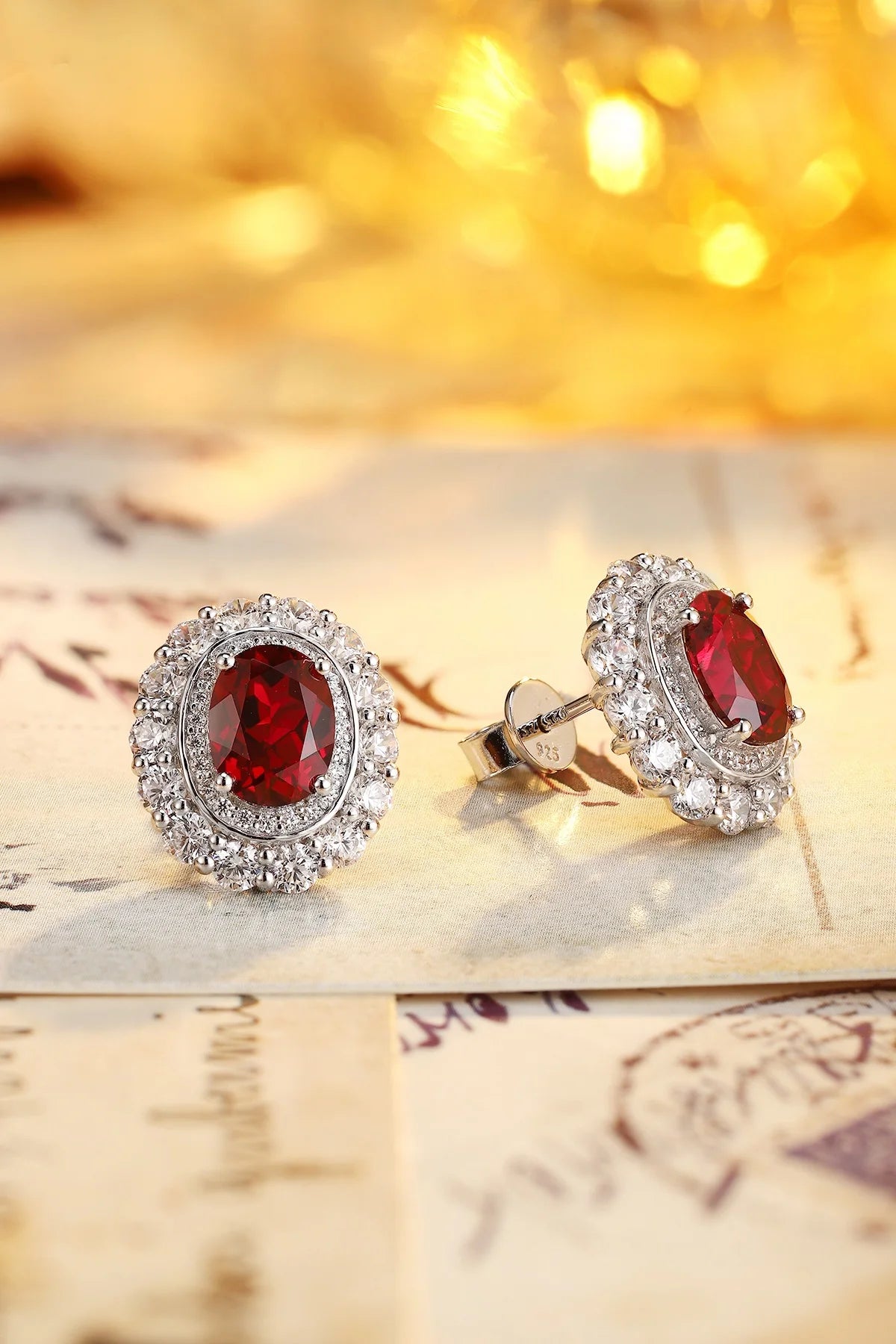 Gemfiori Classic 925 Sterling Silver Rhodium Plated Lab Grown Ruby Earrings Gemstone Jewelry Halo Stud Earring for Women