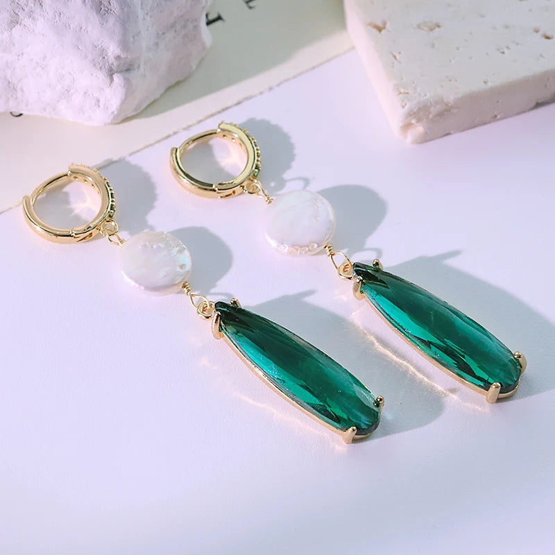 Emerald Green Water Drop Natural Pearl Pendant Earrings Green Zircon Inlaid Earrings Banquet Gift for Women Jewelry GE1193