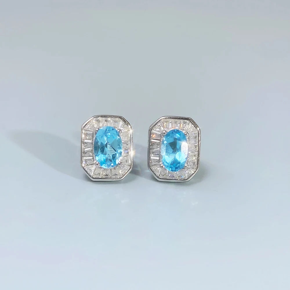 Gioiellieri Natural Swiss Blue Topaz Stud Earrings with S925 Sterling Silver for Women Classic Gemstone Jewelry Birthday Gift for Her Fine