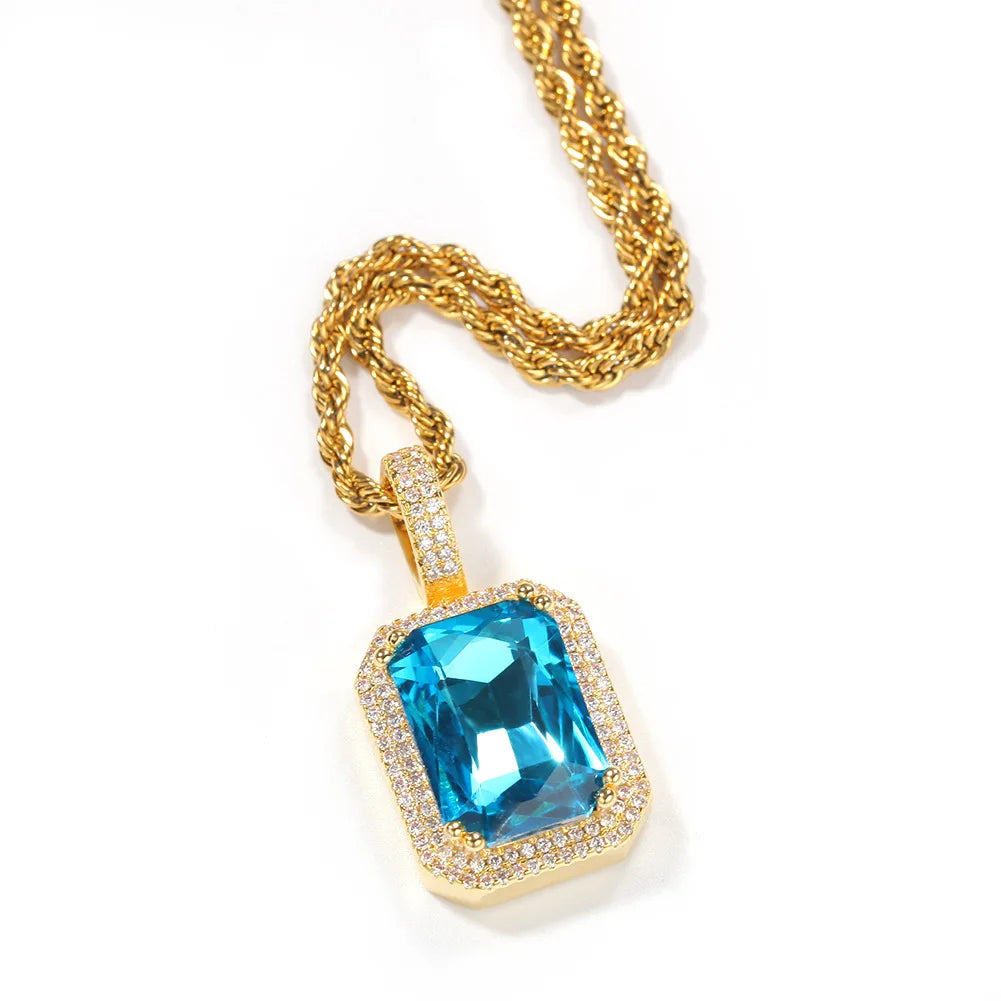 BiG-BOSS Hip Hop Mocha Fluorescent Square Solid Gemstone Pendant Necklace Trendy Cold for Men Women Perfect Neutral Sweater Chain Gift