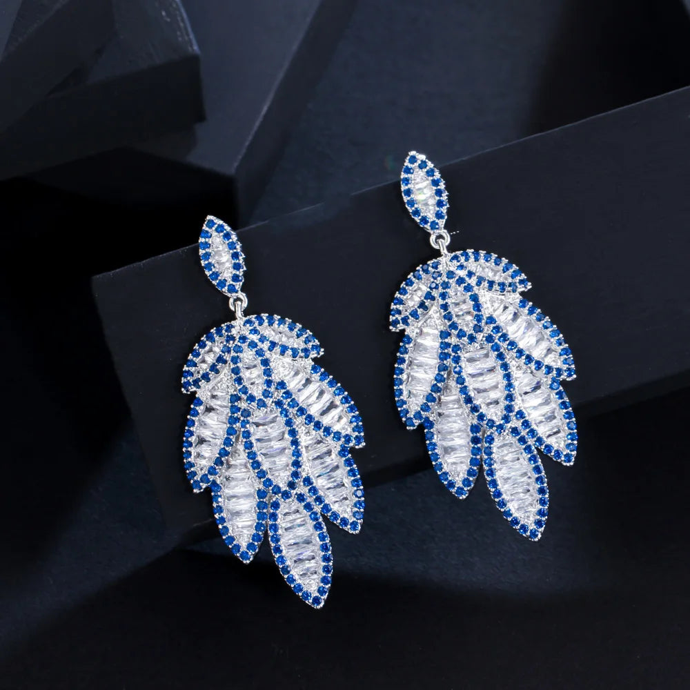 S&S Blue CZ Feather Leaf Full Pavé Dangle Earrings – 925 Silver Pin – Rhodium Plated – Collection