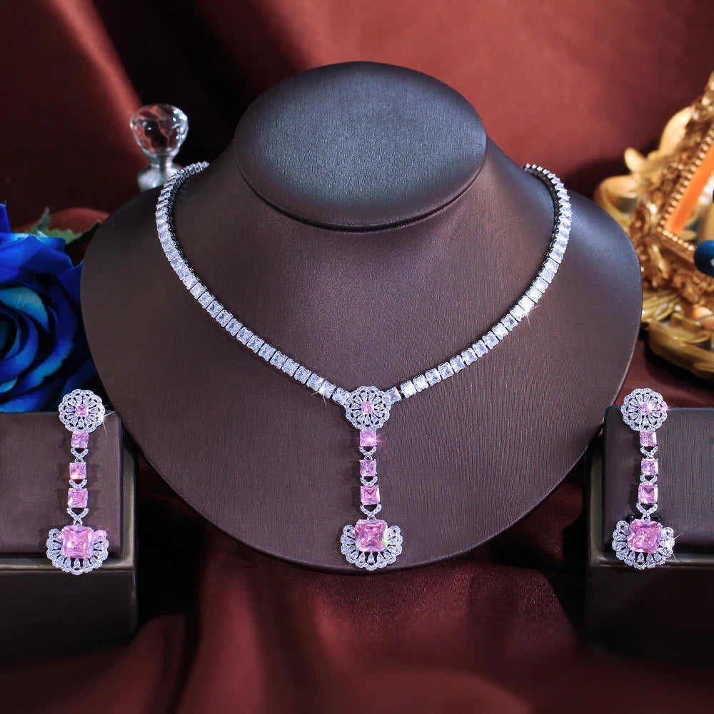 Glamorous Cubic Zirconia Necklace and Earrings Shimmering Pink White Jewelry Set for Women Wedding Anniversary Banquet Jewellery