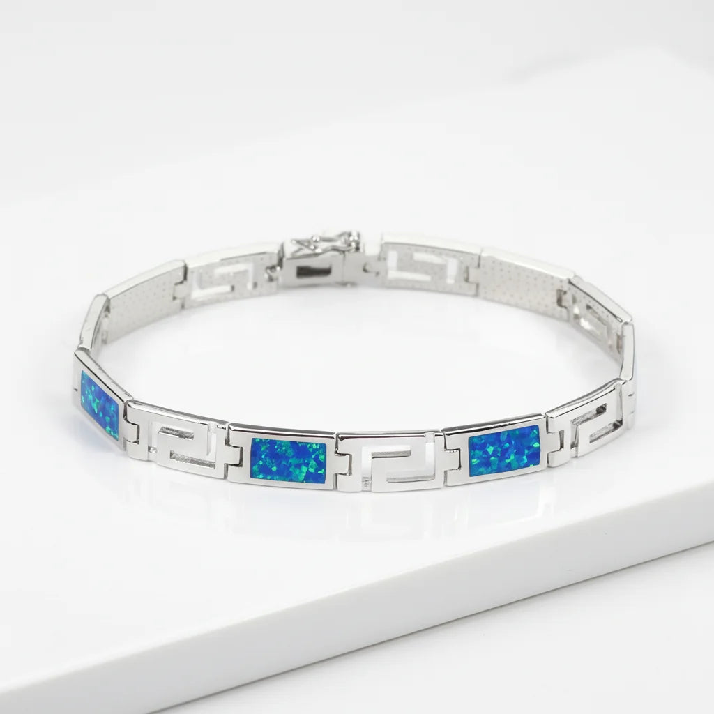 Fashion Trendy Silver Plated Brass Christian Opal Inlaid Minimalist Geometric Design Women's Anniversary Chain Link Bracelet