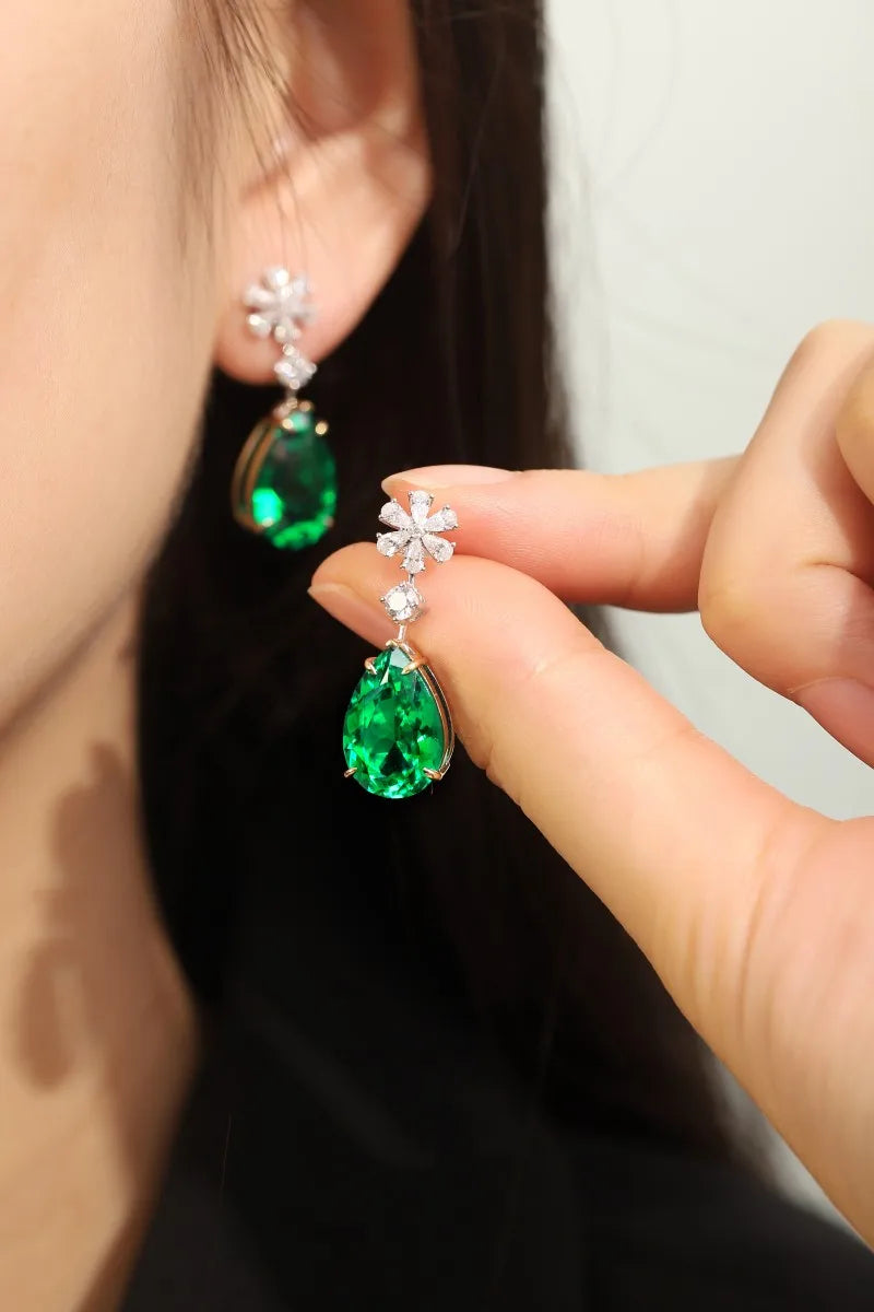 Gemfiori Vintage Silver Earrings with 11CT Lab Grown Emerald Water Drop Shape Fine Wedding Gift for Women Her New in Aretes Jewelry