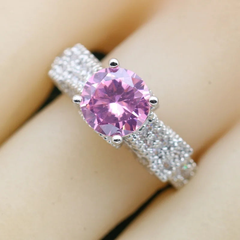 Classic Pink Zircon Silver Jewelry Ring Customizable Ladies Wedding Party Gift for Engagement