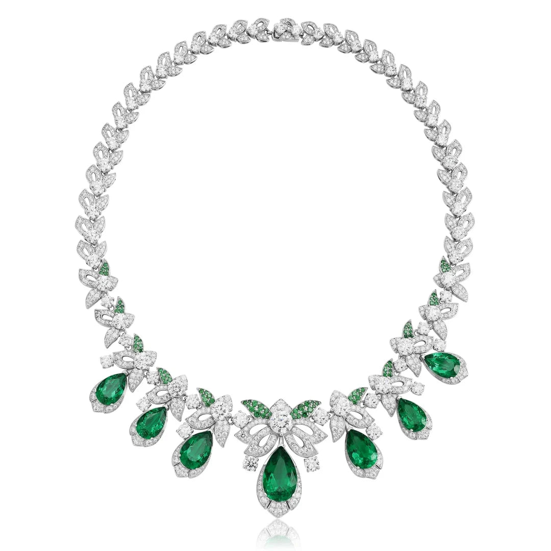 Gemfiori Premium 925 Sliver Lab Grown Emerald Statement Necklace Pear Shape Emeralds Adjustable Chain Length Ideal Gift for Women