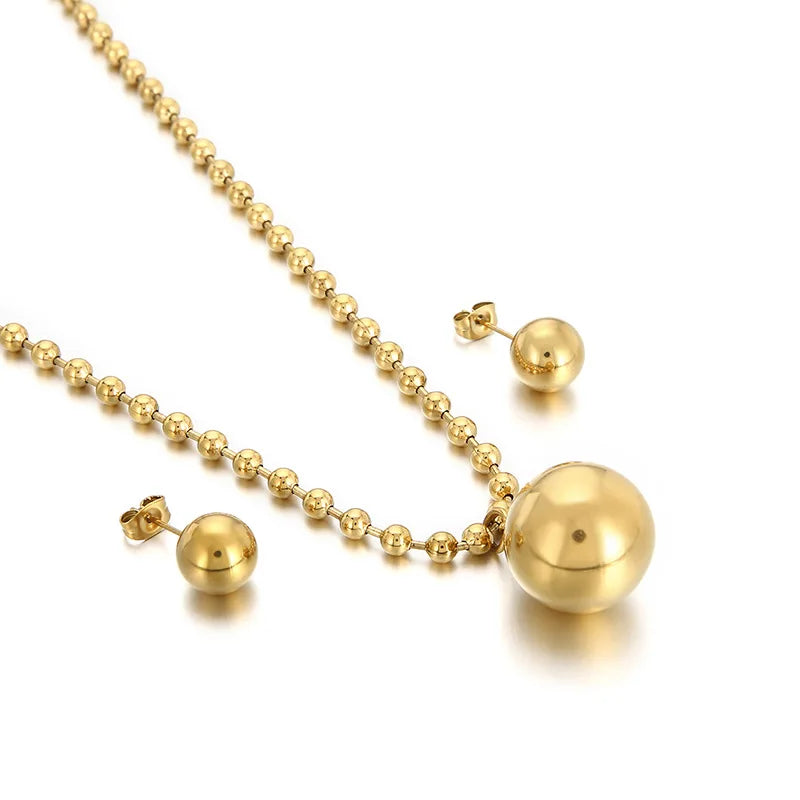 FASHIONISTA Fashion Simple Two-Piece Set Gold Plated Bead Pendant Stainless Steel Necklace Earrings Jewelry Set