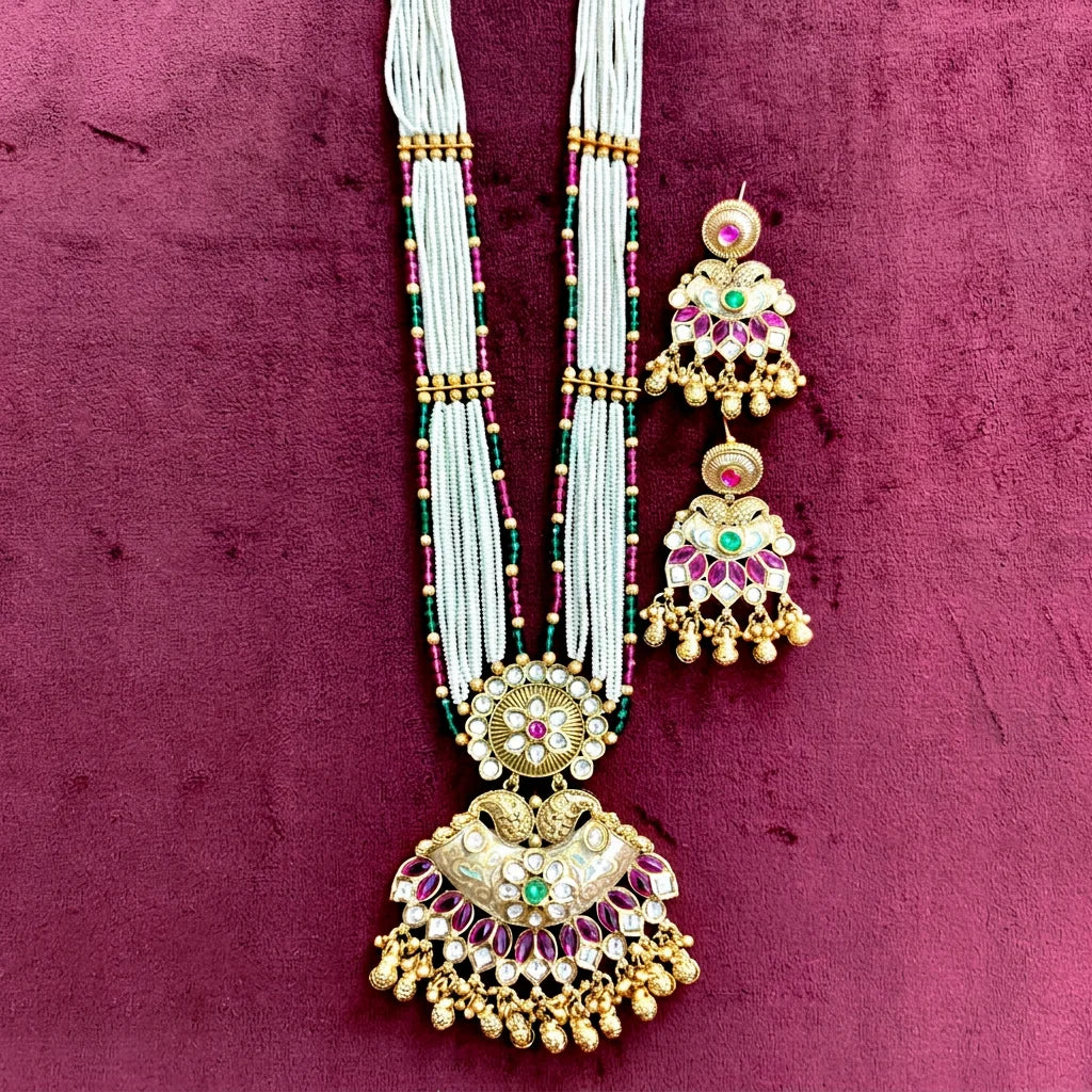 Luxury Multi Strand Pearl Beaded Temple Pendant Necklace Set for Women Gold Plated Bridal Wedding Traditional Jewelry Set