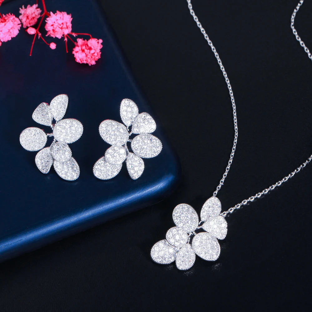 Glitter Silver Plated Cubic Zirconia Big Delicate Leaf Shaped Chain Pendant Necklace Earring Bridal Jewelry Sets for Women