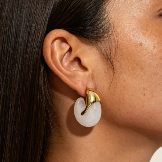 Joolim PVD Plated Wholesale Waterproof Chunky Vintage Marble Pattern Resin Pear C Shape Hoop Earring Stainless Steel Jewelry