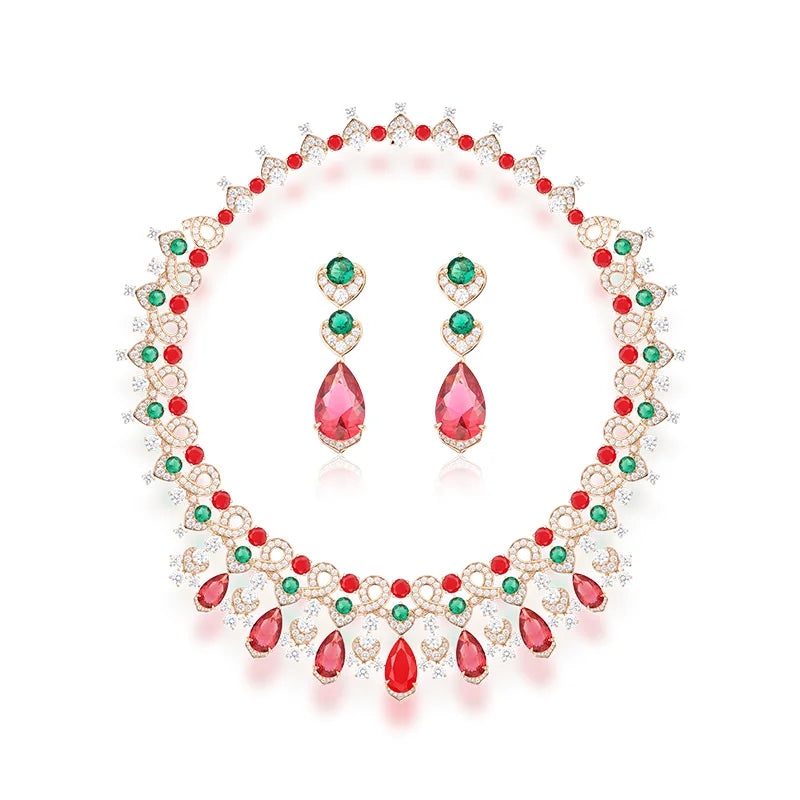 Luxury Palace Style Red and Green Gemstone Jewelry Set Rose Gold Necklace Earrings for Wholesale Bride Dinner Dress Accessories