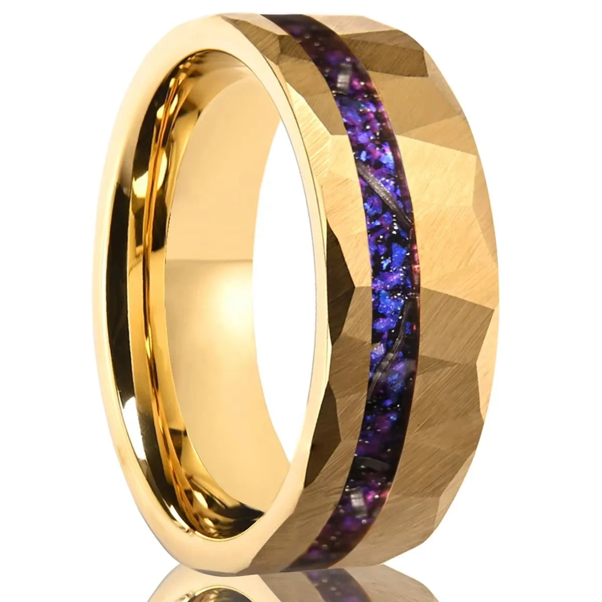 OAHLAN 8mm Hammered 18K Gold Plated Tungsten Carbide Ring Galaxy Blue Purple Opal Inlay Womens Mens Wedding Band Fashion Jewelry