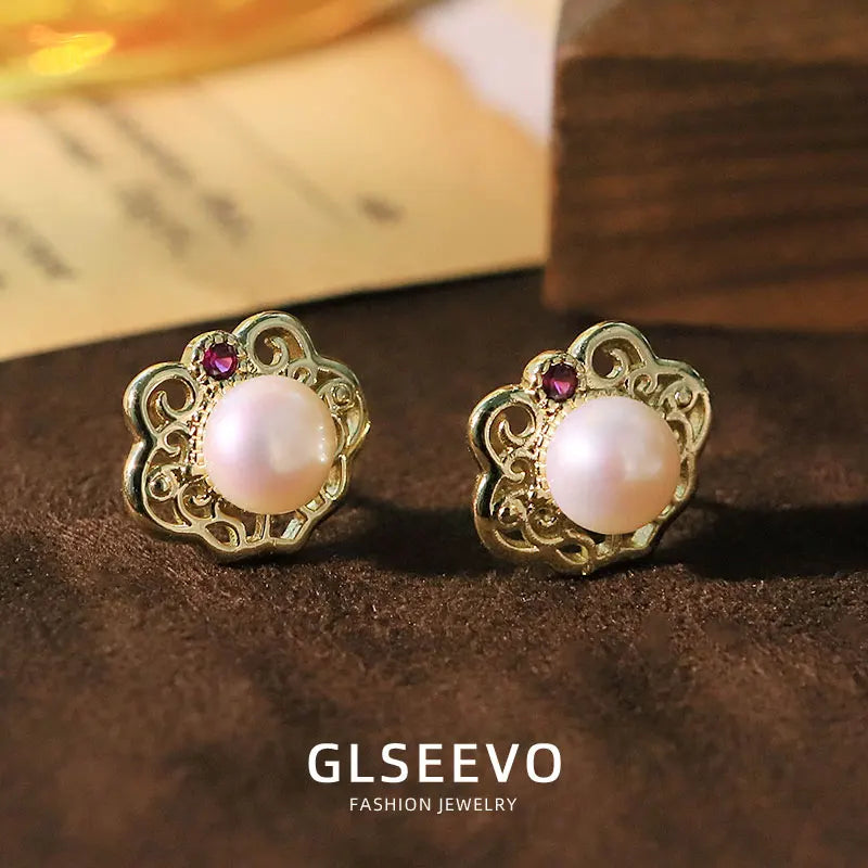 Natural Freshwater Pearl Polygon Hollow Zircon Set Earrings Studs Luxury Fashion Jewellery Earrings Gift for Women Wife GE1745